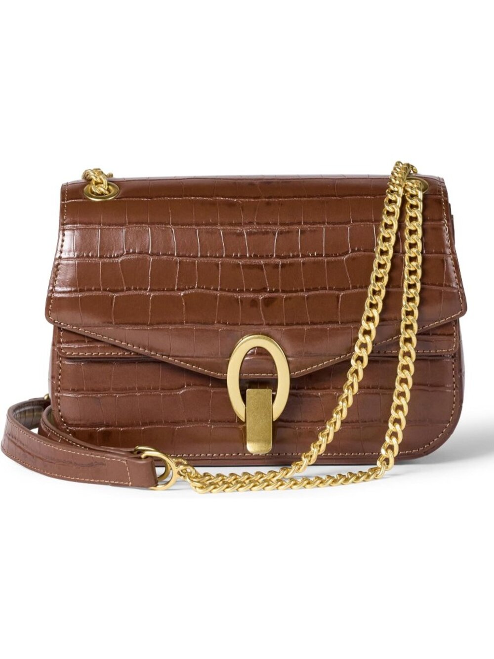Women's Brown Faux Crocodile Essentials Shoulder Chain Metal Hardware Bags